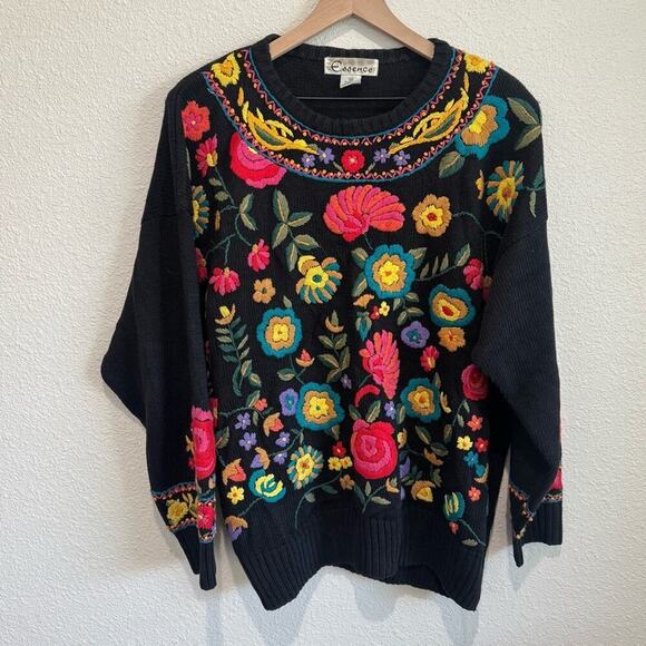 VTG Essence Womens 1X Embroidered Floral Knit Grandpa Cottage Boho Sweater Cozy - Picture 1 of 7